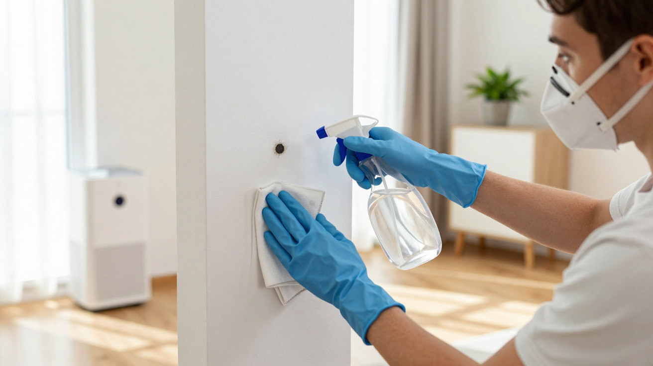 Person wearing blue gloves and a face mask cleaning a wall with a spray bottle and cloth in a bright room.