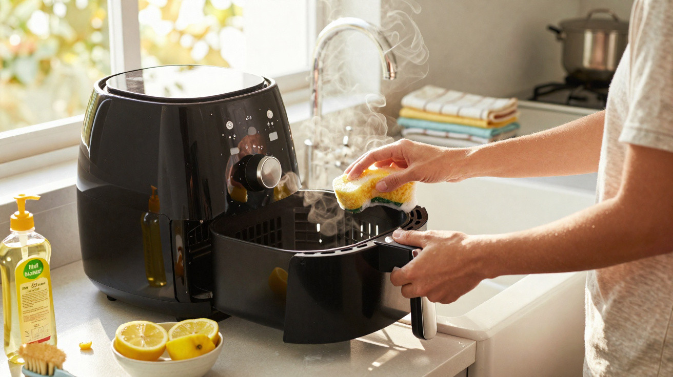 Person cleaning a steaming hot air fryer basket with a sponge in a bright kitchen.