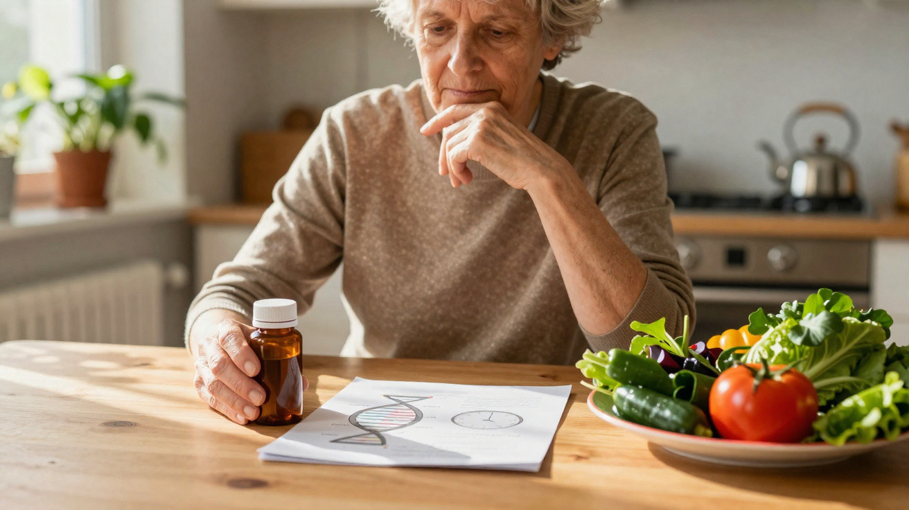 Elderly woman holding a medicine bottle, looking thoughtfully at DNA diagram and vegetables on a kitchen table.
