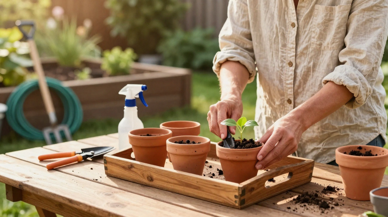 Person potting a small seedling in a terracotta pot on a wooden table in a garden setting.