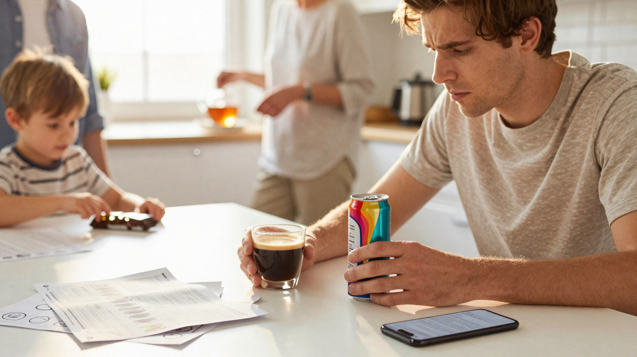 Man sitting at kitchen table with a can drink and coffee, child playing in the background, family in a bright kitchen.