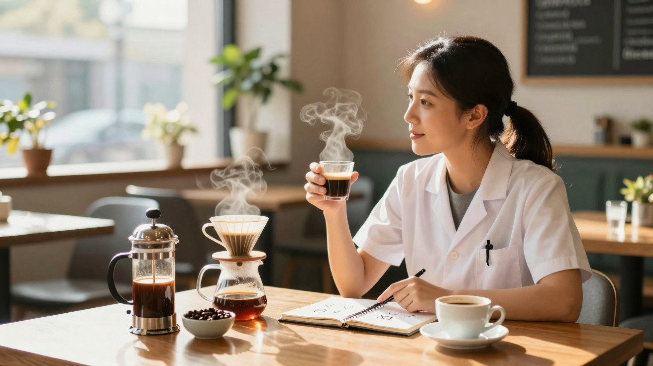 Woman in a white coat sitting at a cafe table holding a steaming cup of coffee with brewing equipment nearby.