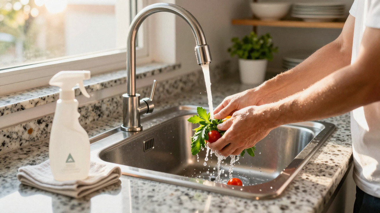 Person washing fresh spinach and cherry tomatoes under running tap water in a bright kitchen sink.