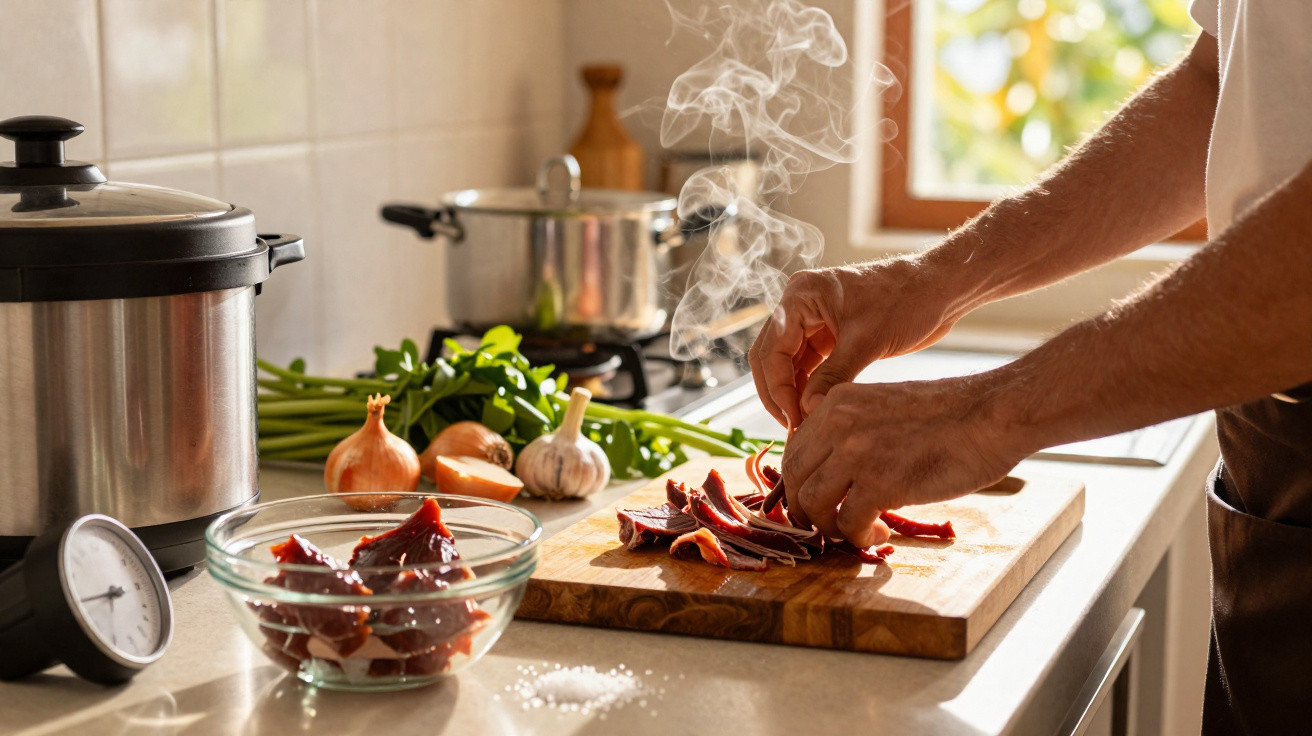 Person preparing steaming meat on a wooden chopping board in a sunlit kitchen with fresh ingredients nearby.