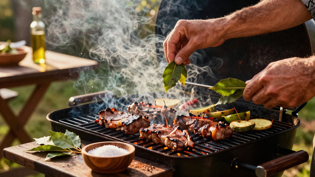 Hands placing bay leaves on smoky grill with octopus and vegetables cooking outdoors on wooden table.