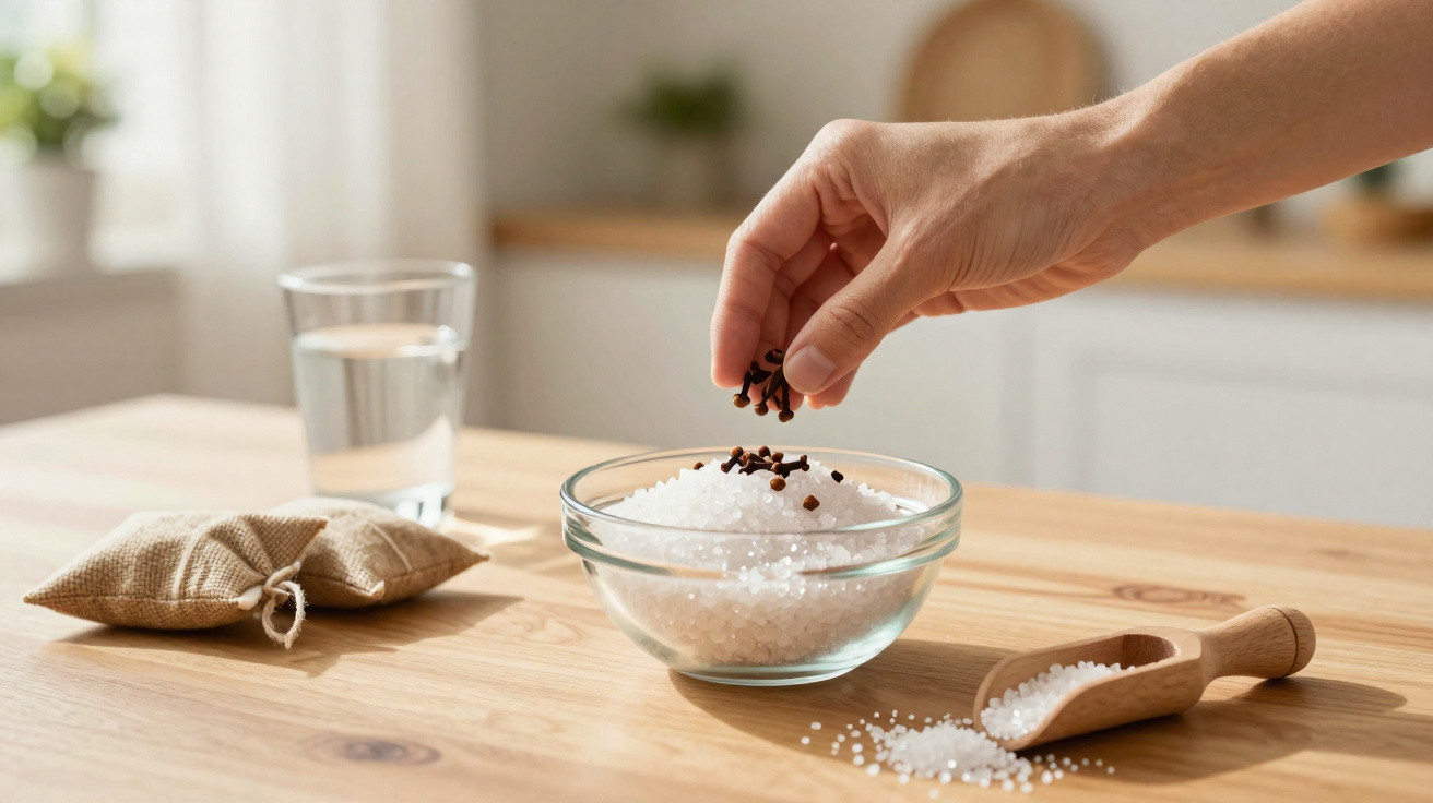 Hand sprinkling cloves into a glass bowl of coarse salt on a wooden kitchen table.