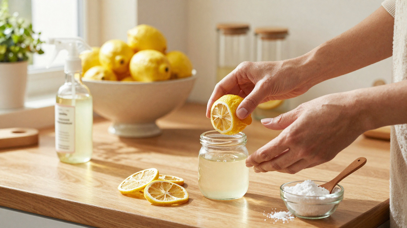 Person squeezing lemon juice into a jar with lemon slices and baking soda on a wooden countertop.
