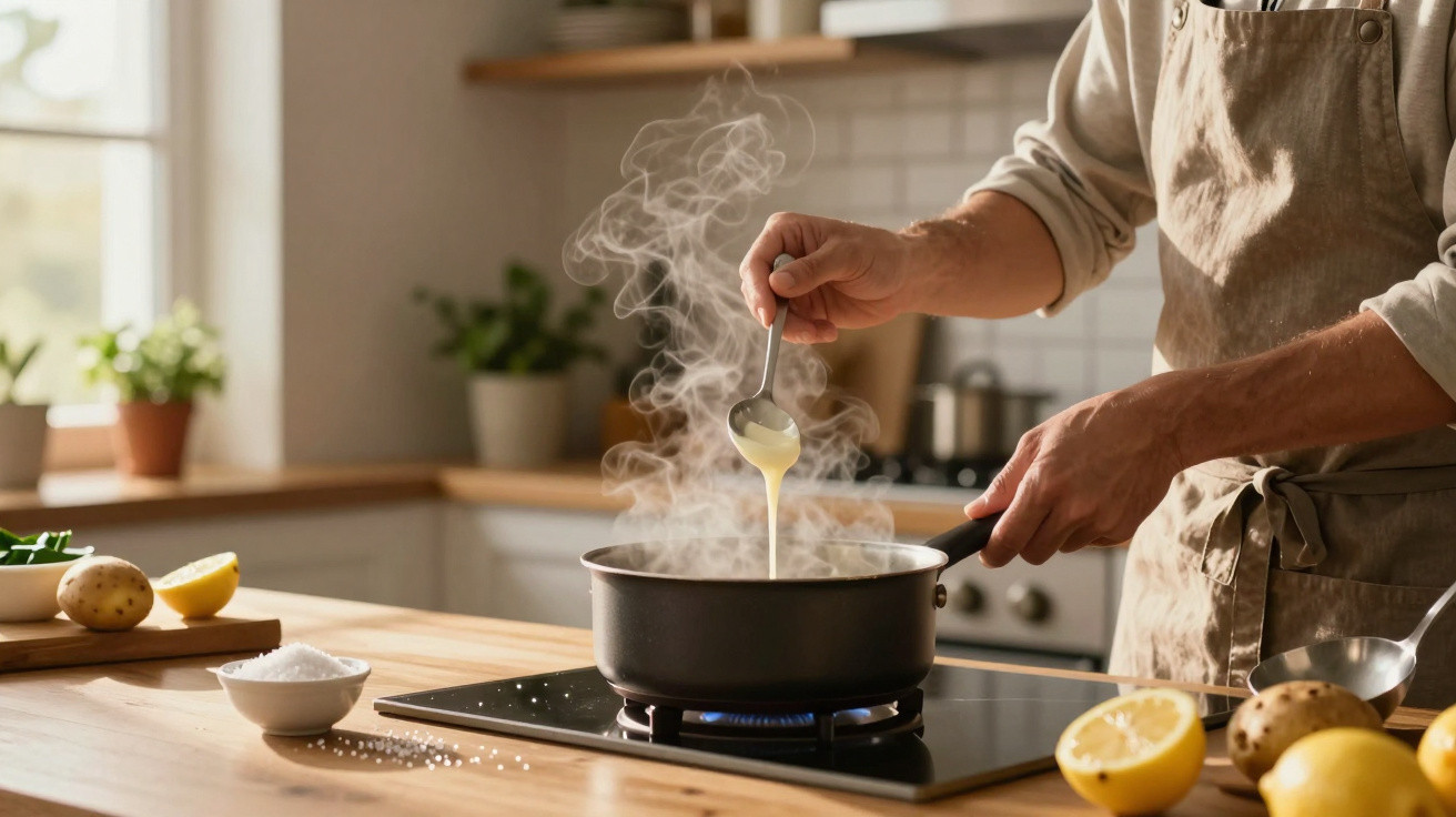 Person stirring steaming sauce in saucepan on kitchen hob with lemons and potatoes nearby