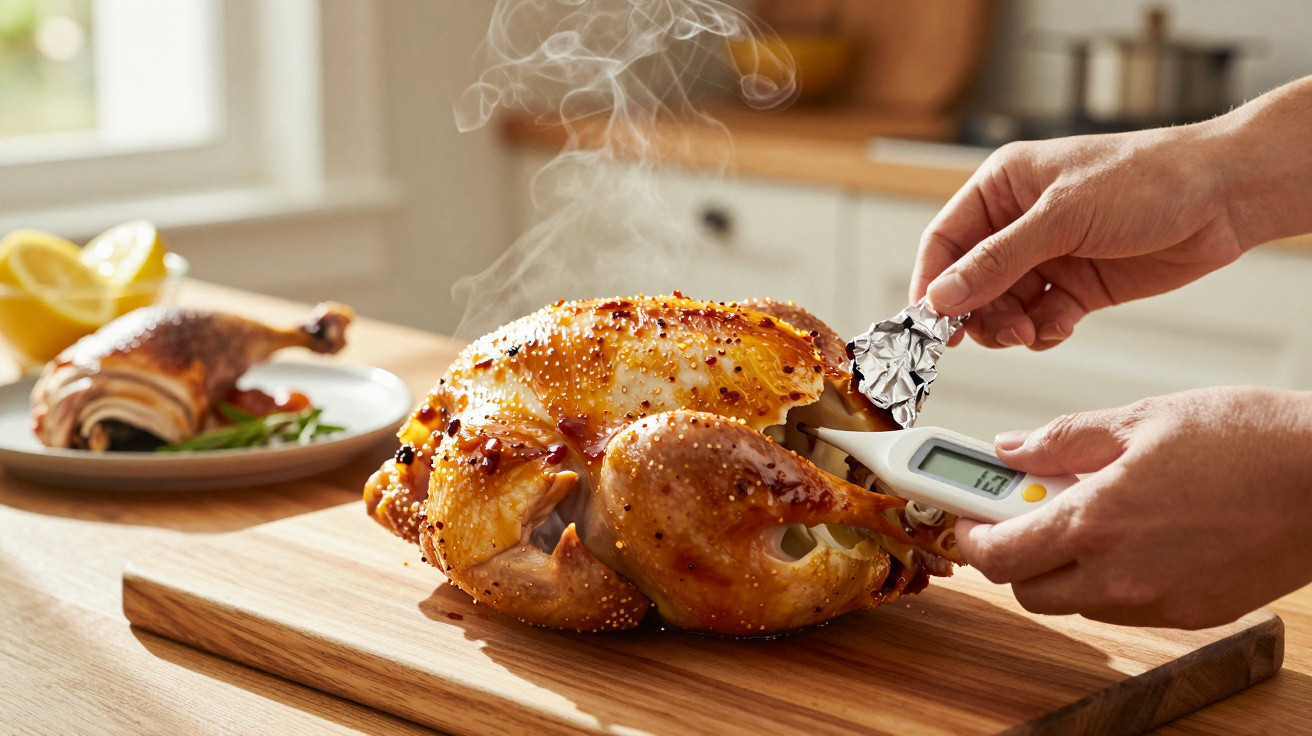 Whole roasted chicken on a wooden board with a digital thermometer inserted, steam rising from the bird.