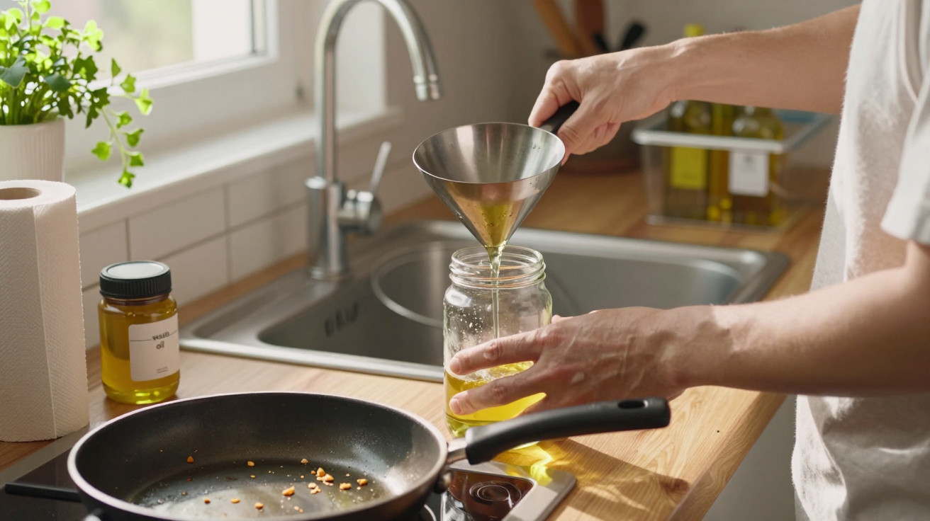Person using a metal funnel to pour oil from a frying pan into a glass jar in a kitchen.
