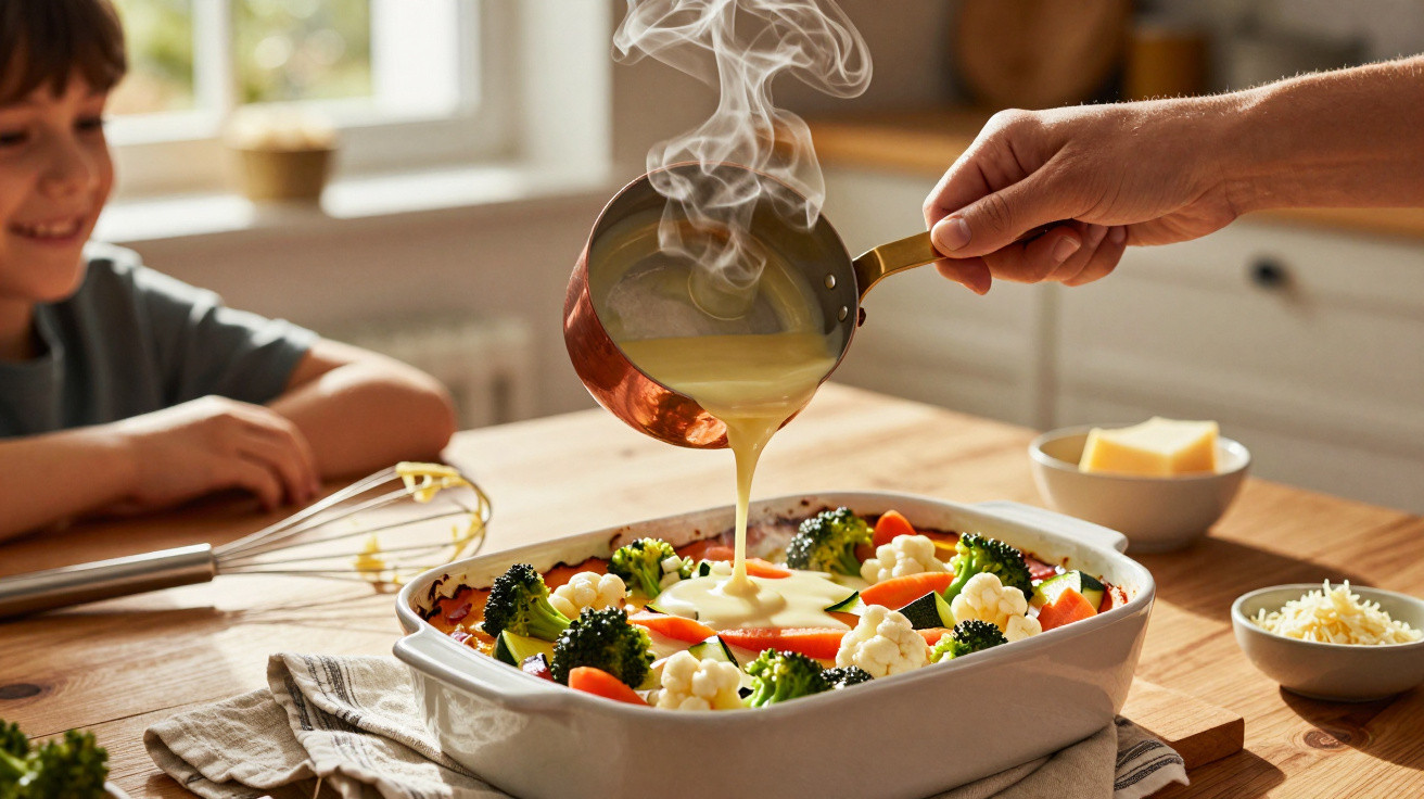 Hand pouring creamy sauce over mixed vegetables in baking dish with child watching in kitchen.