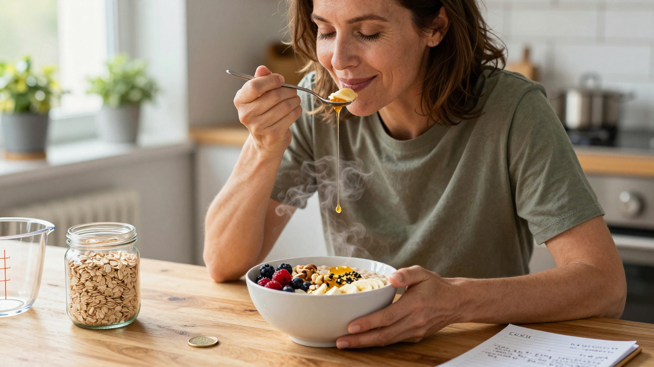 Woman enjoying a steaming healthy breakfast bowl with fruit, nuts, and honey in a bright kitchen.