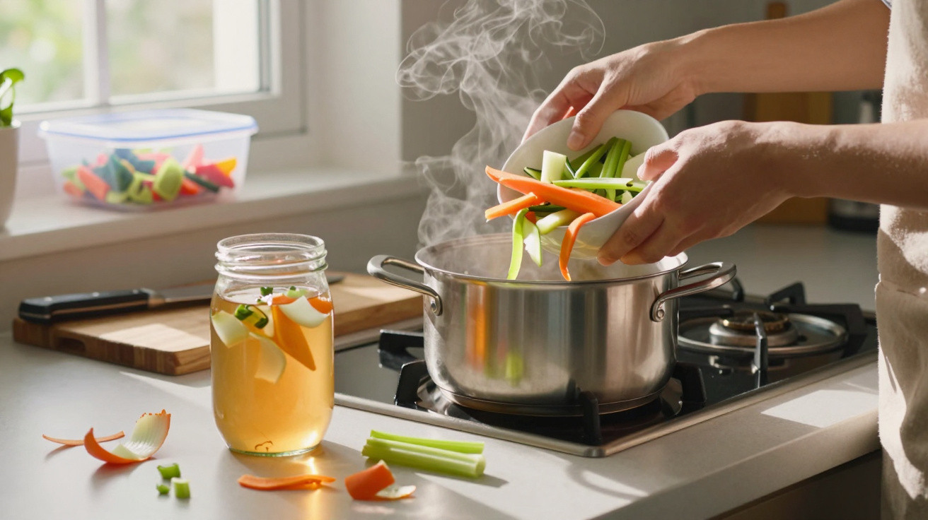 Person adding chopped vegetables into a steaming pot on a modern kitchen stove with a jar of broth nearby.