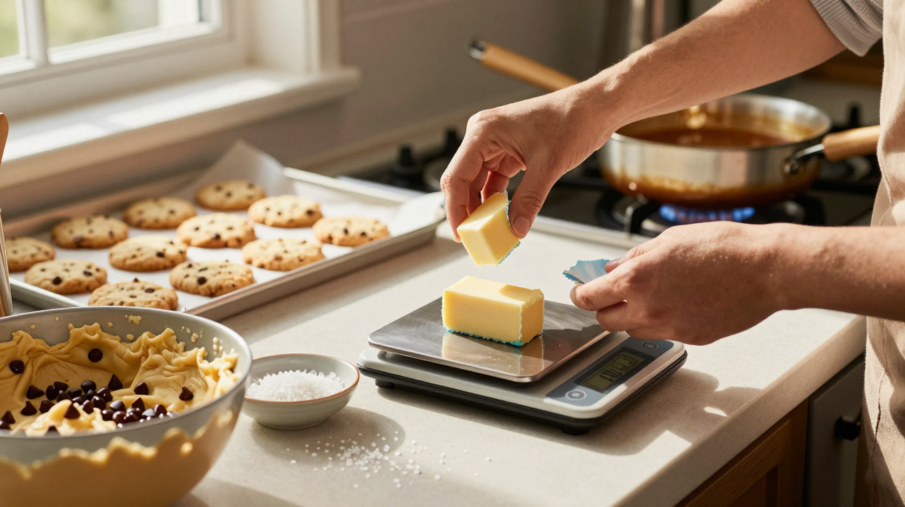 Person weighing butter on a kitchen scale with trays of cookies and mixing bowl nearby.