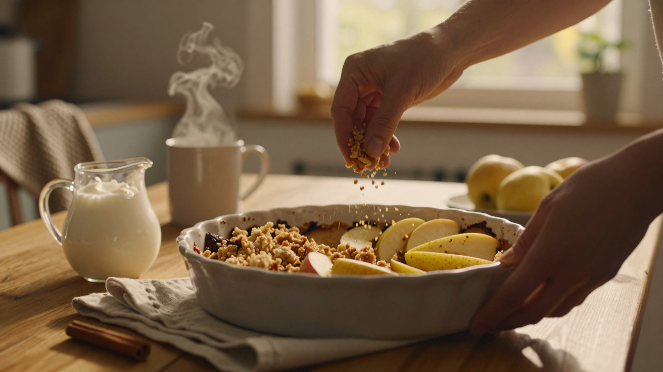 Hands sprinkling crumble topping on apple slices in a baking dish on a wooden table with milk and steaming mug nearby
