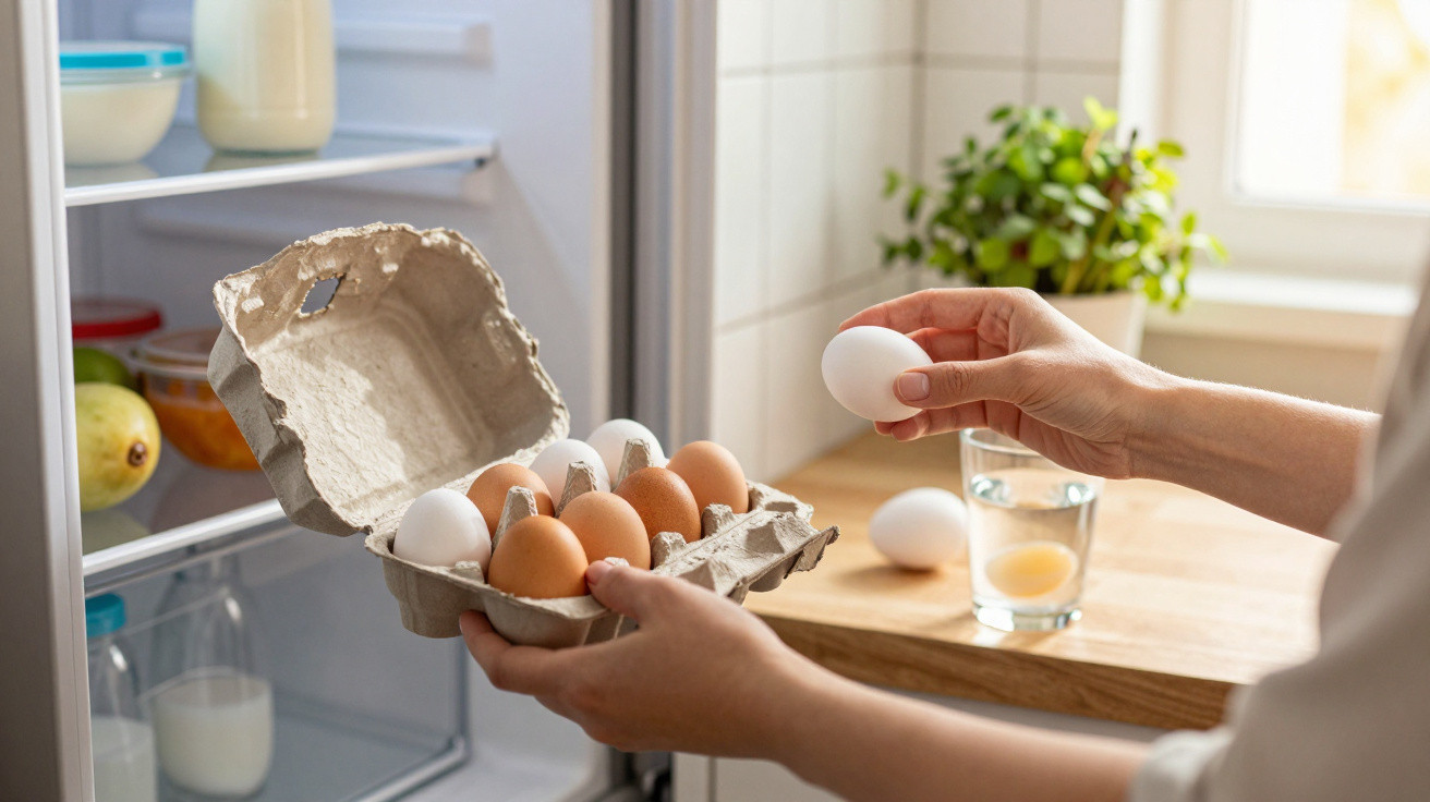 Person holding an open egg carton with mixed brown and white eggs near an open fridge in a kitchen.