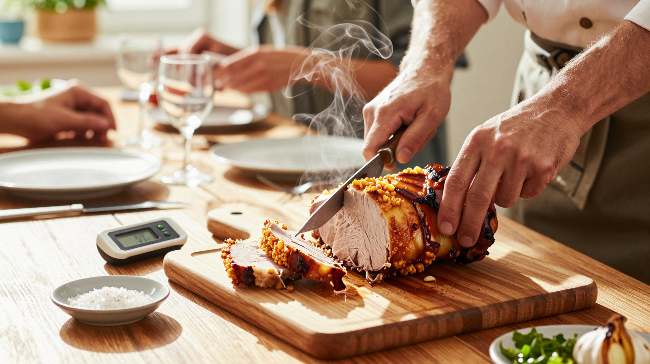 Hands carving steaming roast pork on a wooden board with dining table and plates in the background.