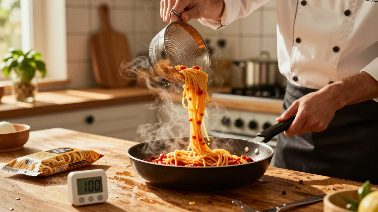 Chef draining cooked spaghetti with red sauce into a frying pan on a wooden kitchen countertop.