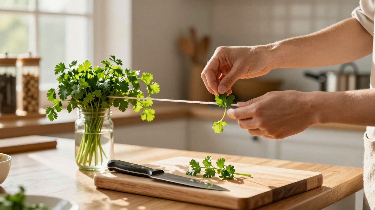 Hands picking fresh coriander leaves over a wooden cutting board with a knife in a sunlit kitchen.