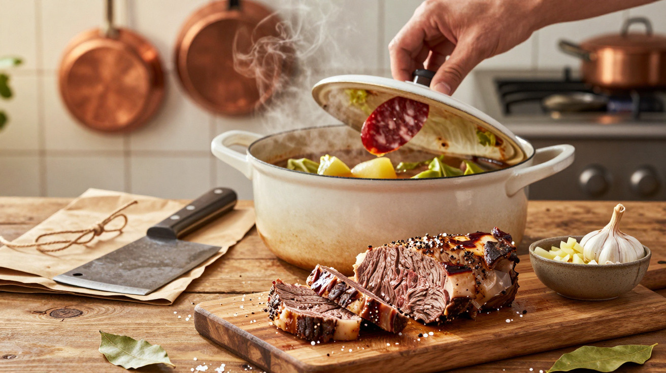 Sliced cooked beef on a wooden board beside a steaming pot with vegetables being lifted by a hand.