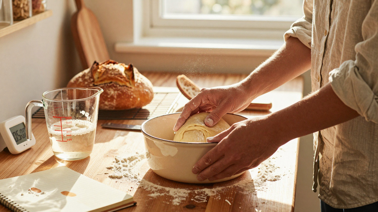 Person kneading dough in a bowl on a wooden kitchen table with bread, measuring jug, and timer nearby.