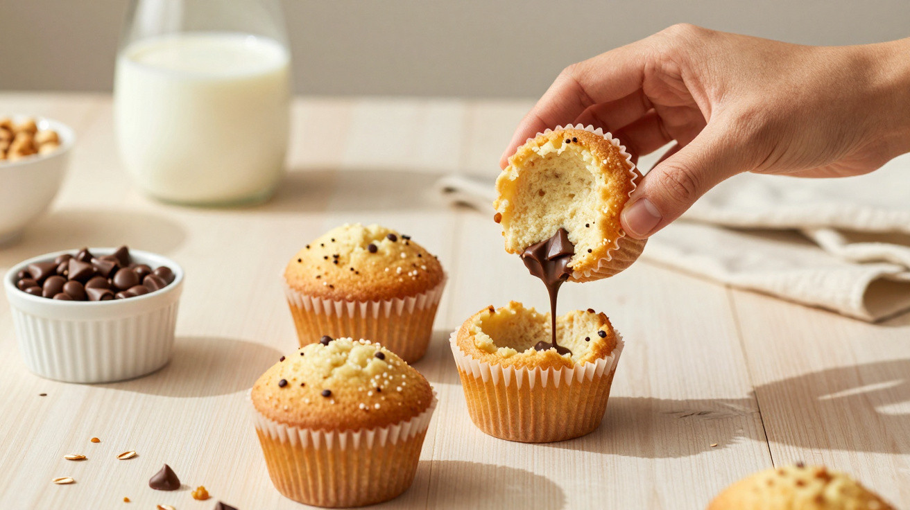 Hand holding half of a chocolate-filled cupcake above three whole cupcakes on a wooden table.