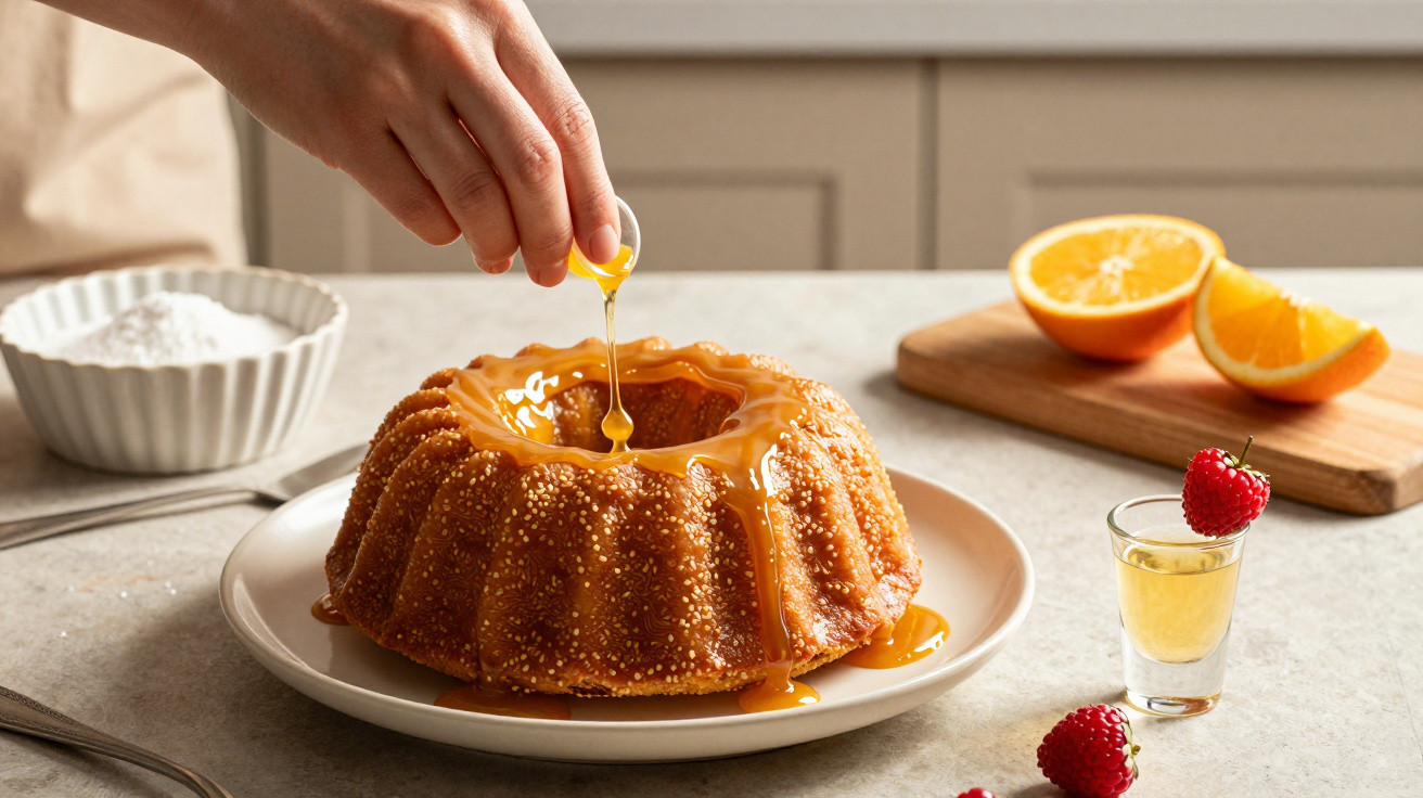 Hand pouring caramel sauce over a bundt cake on a plate with orange halves and raspberries nearby.