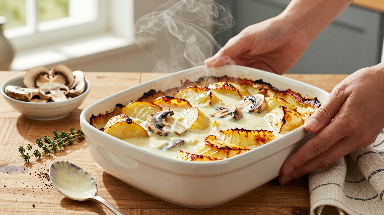 Hands holding a steaming dish of creamy potato and mushroom gratin on a wooden table with thyme sprigs.