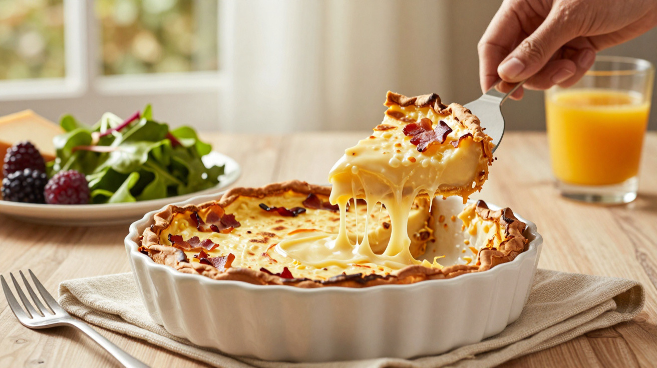 Hand lifting a slice of melted cheese quiche with bacon from a white dish, salad and orange juice in background.