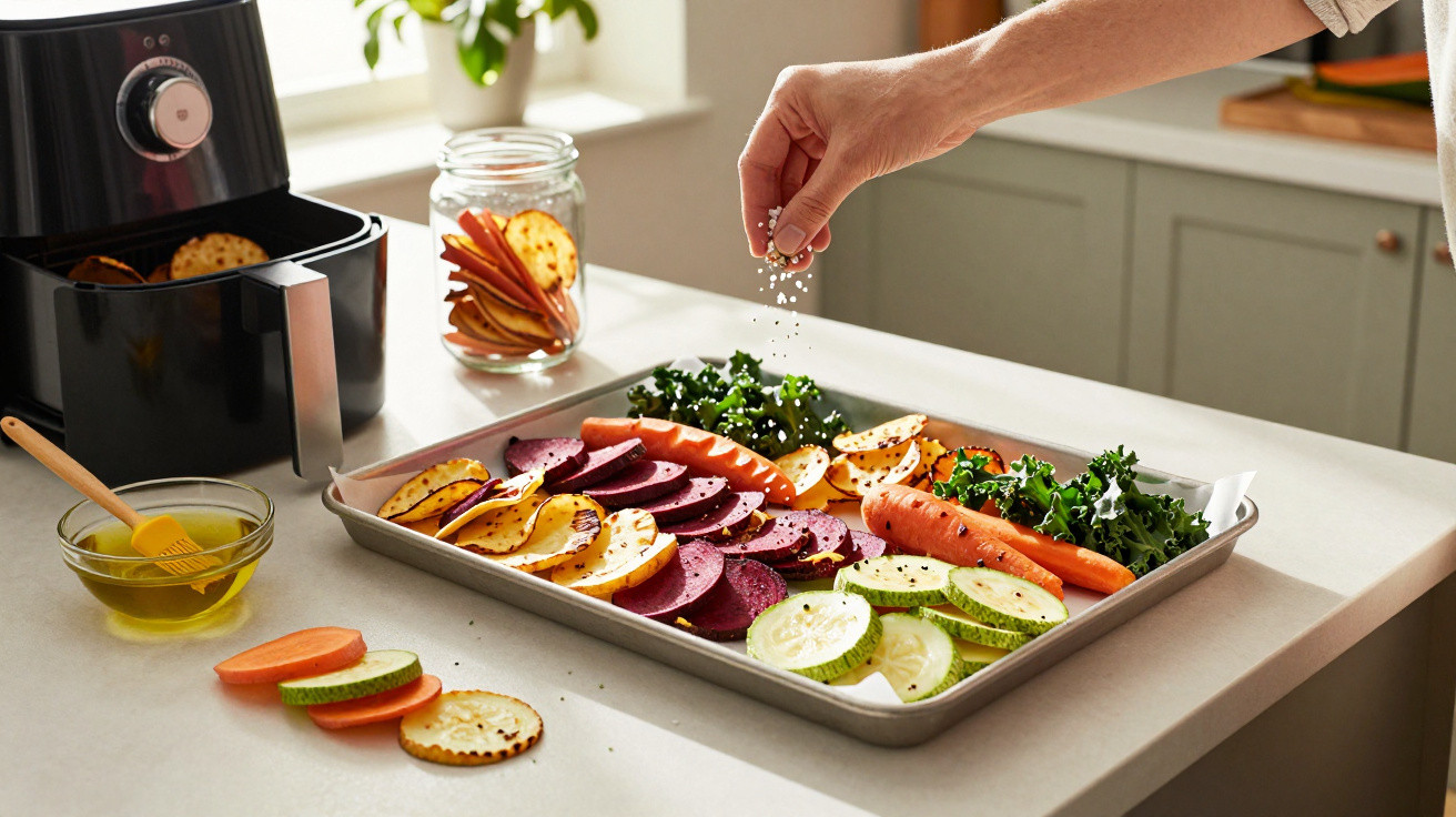 Hand sprinkling seasoning over sliced vegetables on a baking tray next to an air fryer in a kitchen.