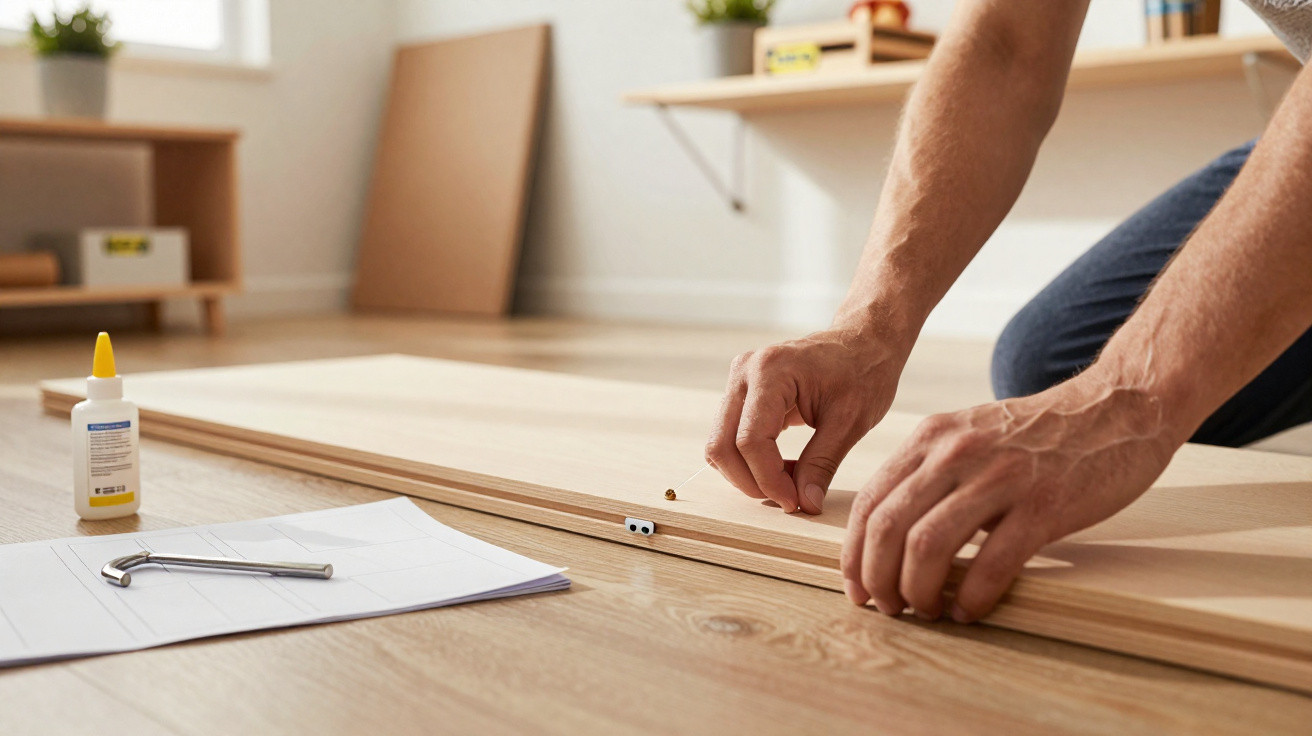 Person assembling flat-pack furniture on wooden floor with tools, glue, and instruction manual nearby