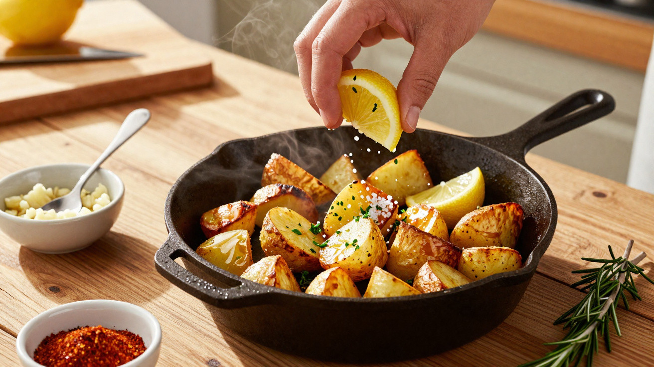 Hand sprinkling salt and lemon juice over roasted potato wedges in a cast iron skillet on a wooden table.