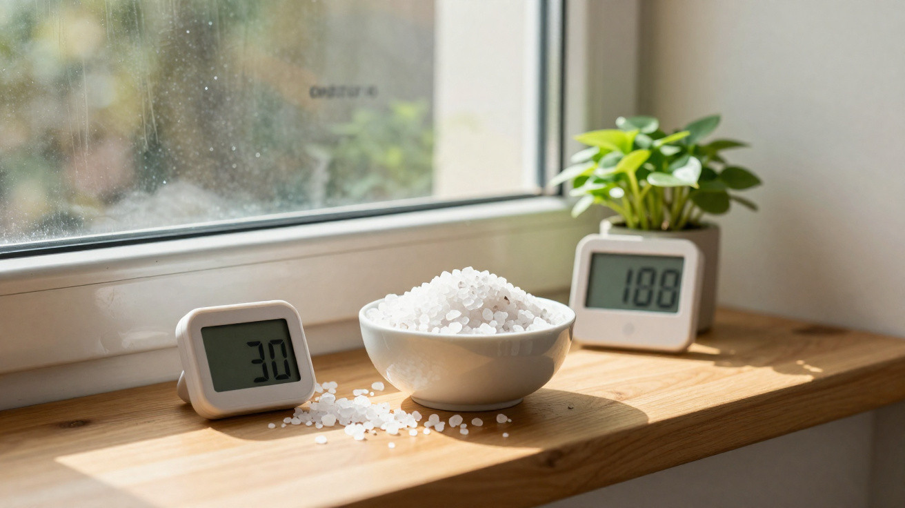 Bowl of white crystals on a windowsill with two digital hygrometers and a small green plant in sunlight.