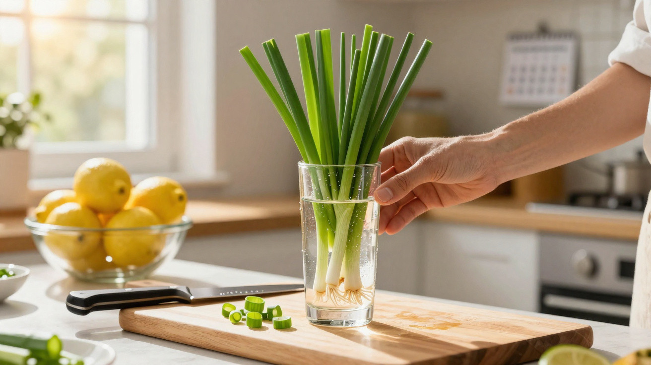 Hand placing green onions in a glass of water on a kitchen cutting board with lemons and knife nearby.