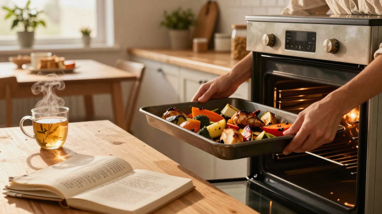 Person taking a tray of roasted vegetables out of the oven in a kitchen with a steaming cup of tea and open book on the table