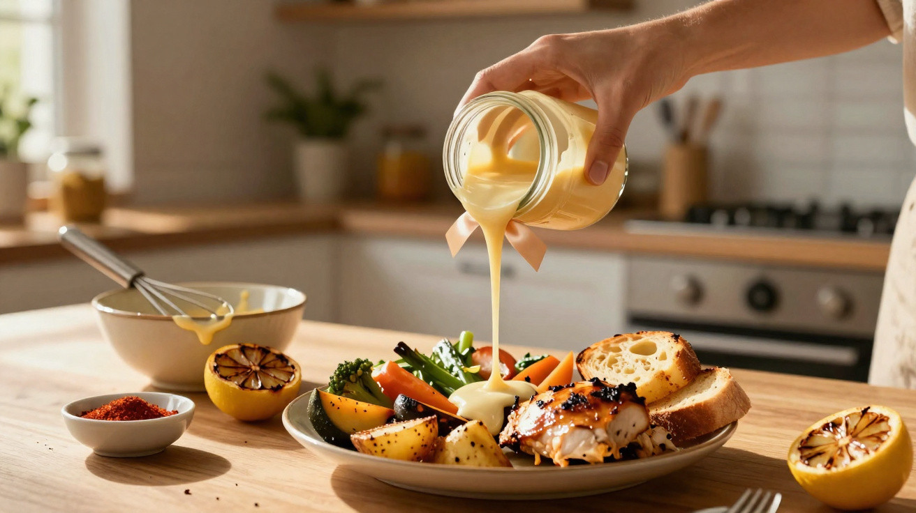 Hand pouring creamy sauce from a jar onto grilled chicken with roasted vegetables and bread on a plate.