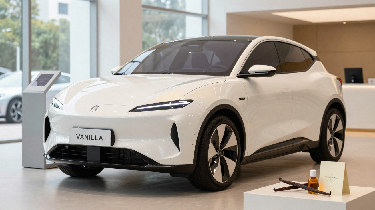 White electric SUV displayed indoors with "VANILLA" number plate and vanilla-themed items nearby