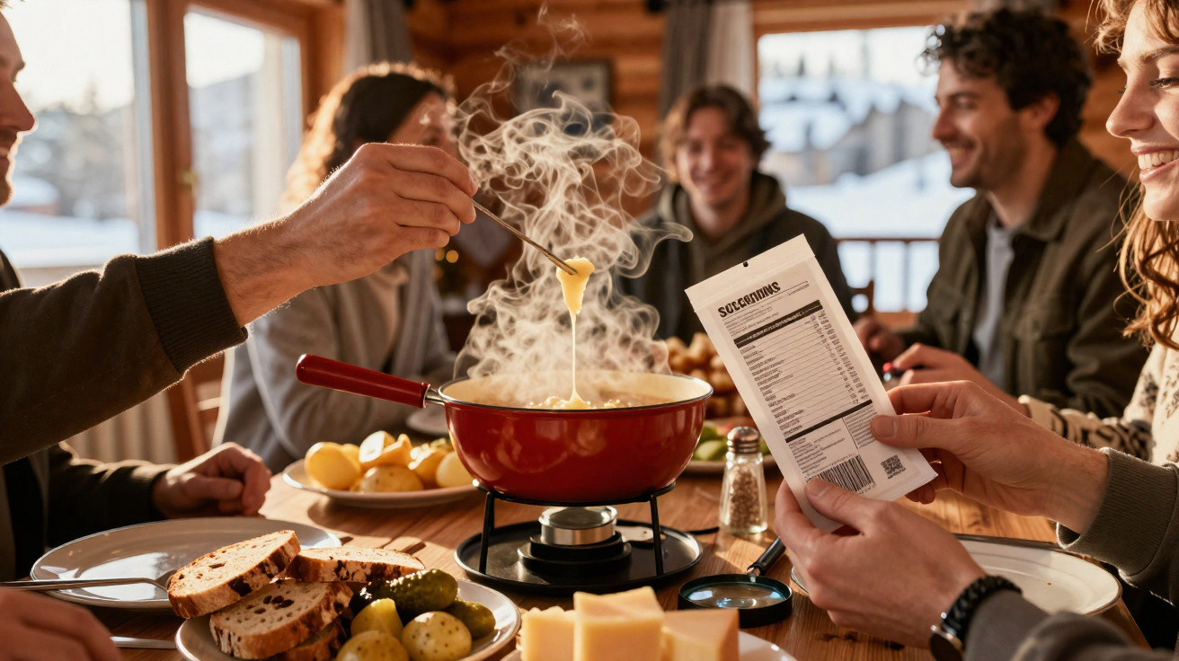 Group of people enjoying a steaming cheese fondue meal with bread, potatoes, and recipe instructions in a cosy cabin.