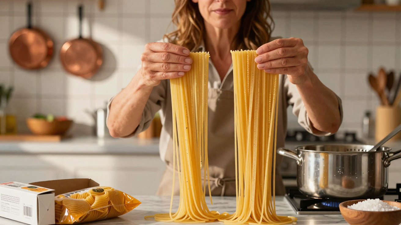 Person holding uncooked spaghetti noodles in a kitchen with a pot on the stove and pasta packaging nearby
