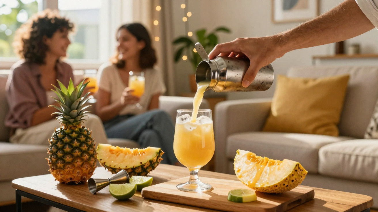 Hand pouring a tropical cocktail into a glass on a table with pineapple, lime, and two women chatting in the background.
