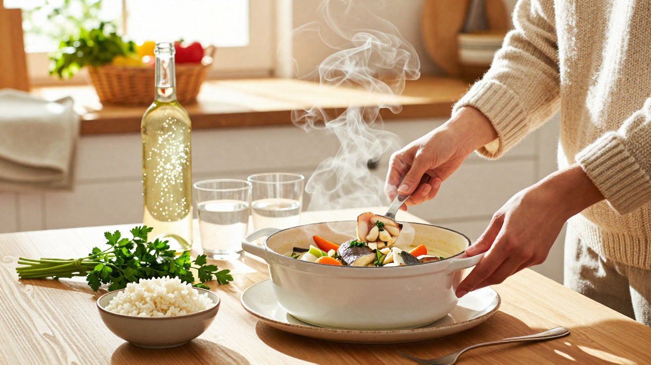 Person serving steaming vegetable and seafood stew from a white pot on a wooden kitchen table.