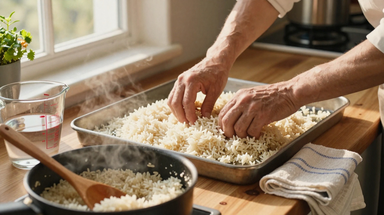 Hands fluffing steamed rice in a tray next to a steaming pot and measuring jug on a kitchen counter.