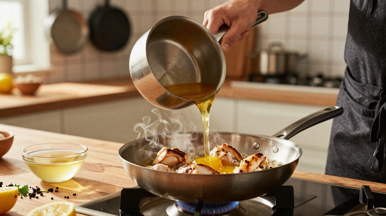 Hand pouring hot sauce from a saucepan onto grilled chicken in a frying pan on a gas stove.