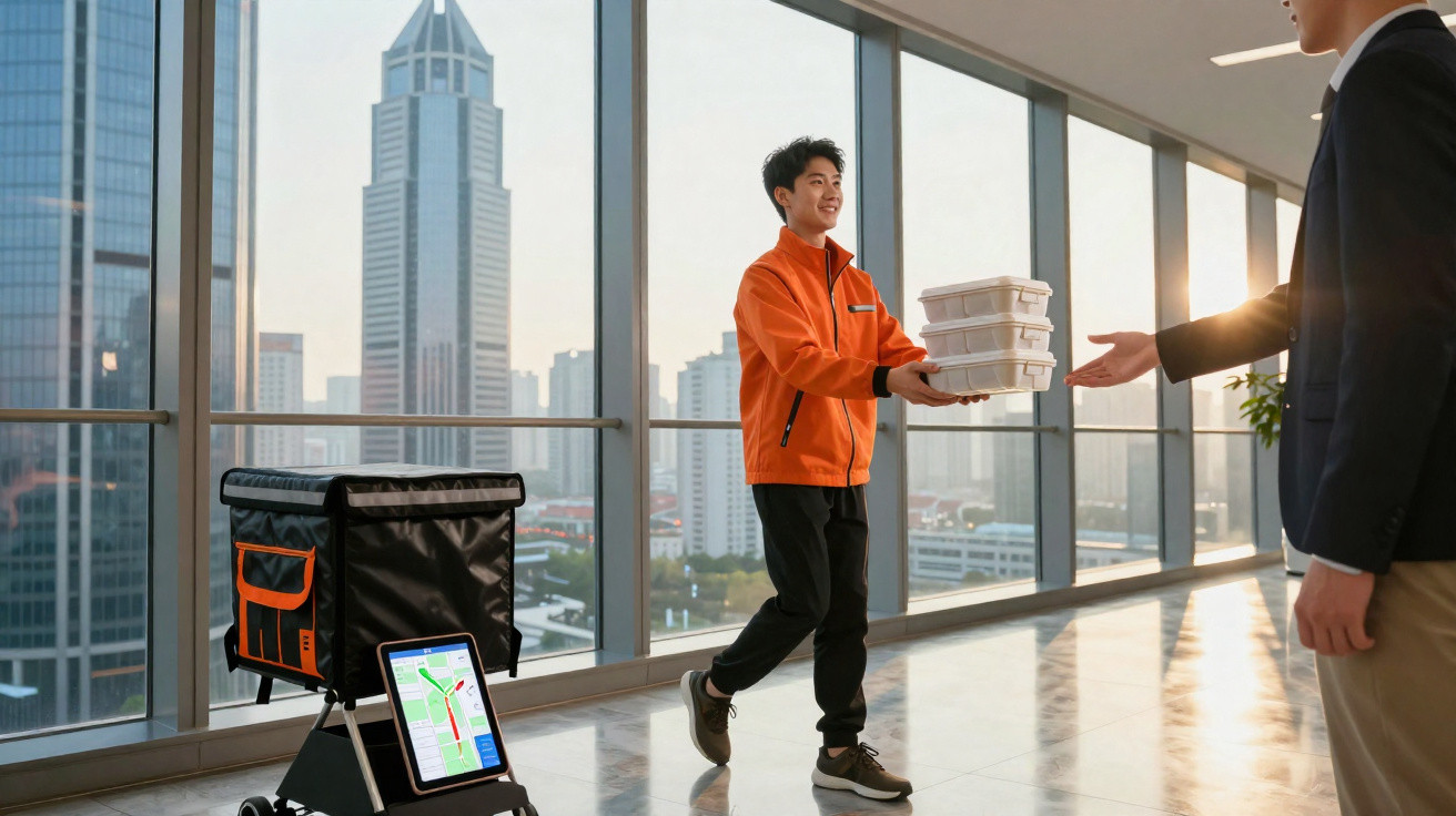 Delivery person in orange jacket handing food containers to a customer inside a modern office building.