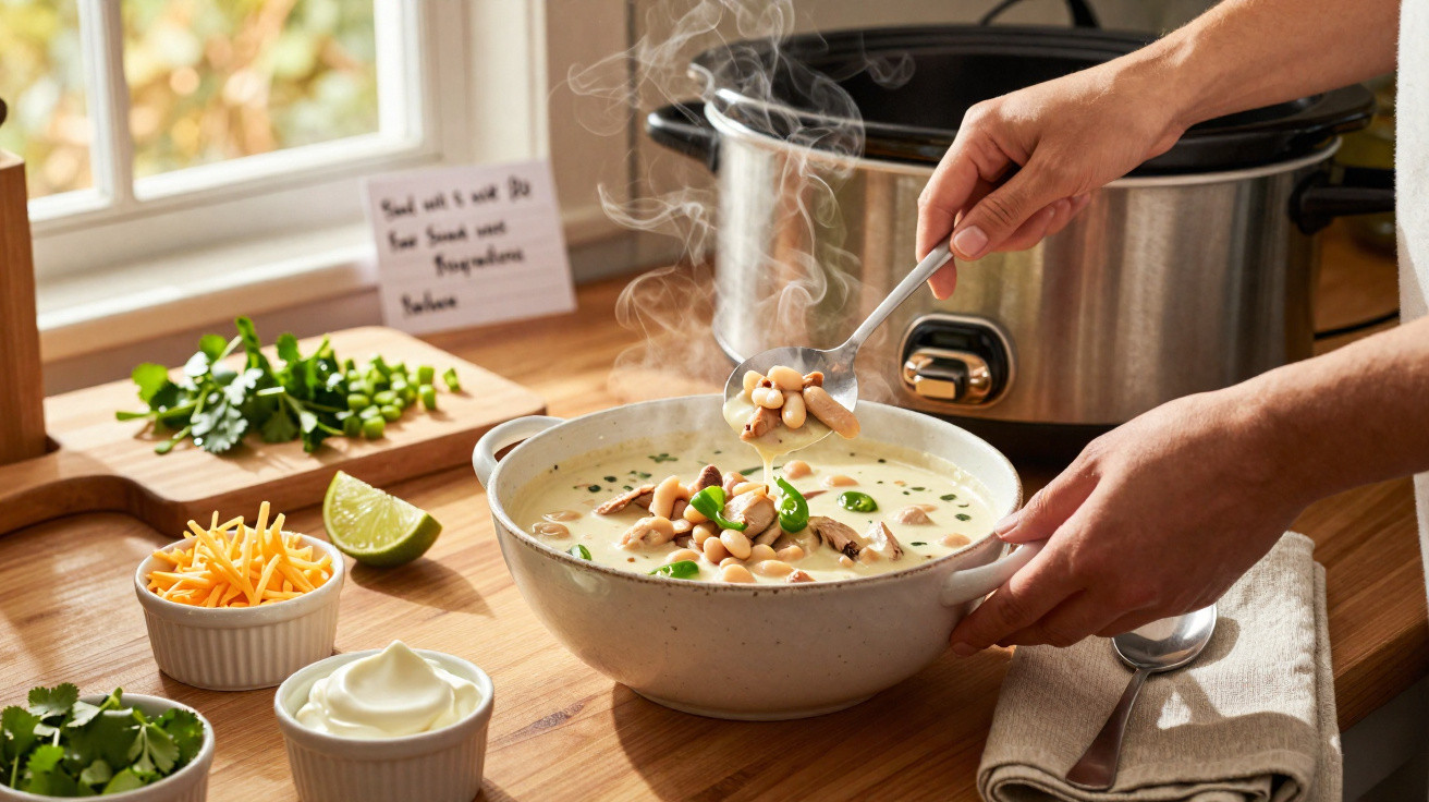 Hands serving steaming white bean soup with green chillies from a bowl on a wooden countertop.