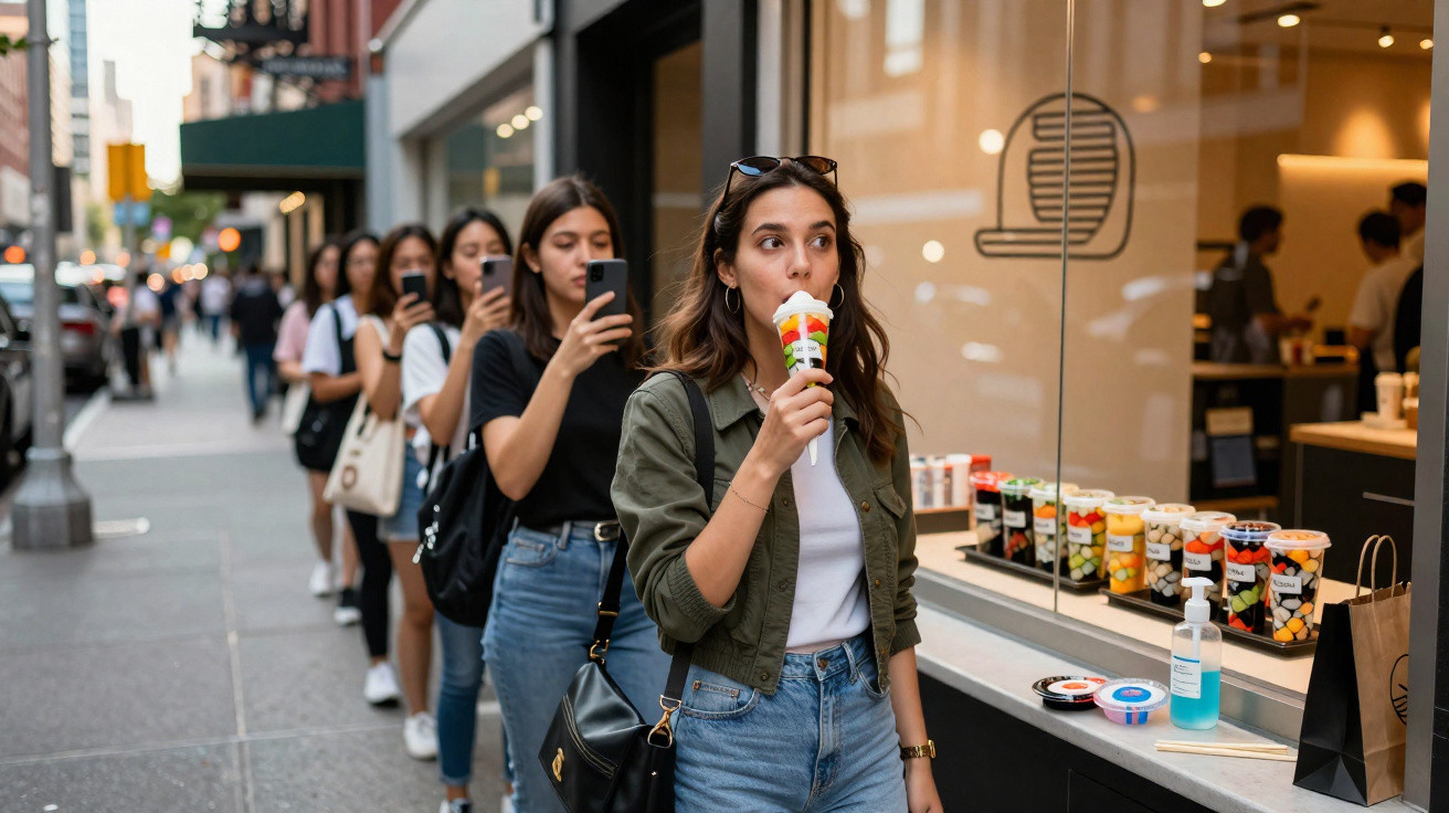 Young woman eating colourful ice cream cone outside shop with a queue of people behind on a city street.