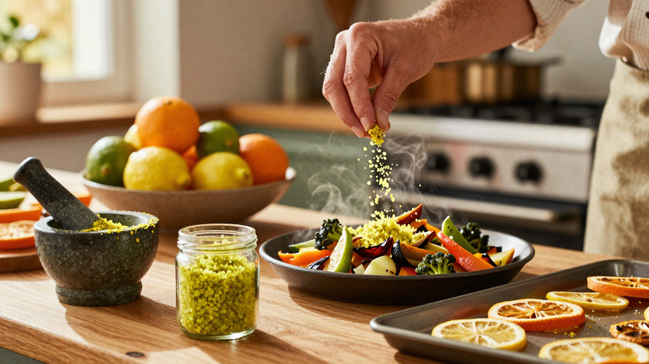 Hand sprinkling yellow seasoning over a steaming plate of roasted vegetables in a kitchen setting.