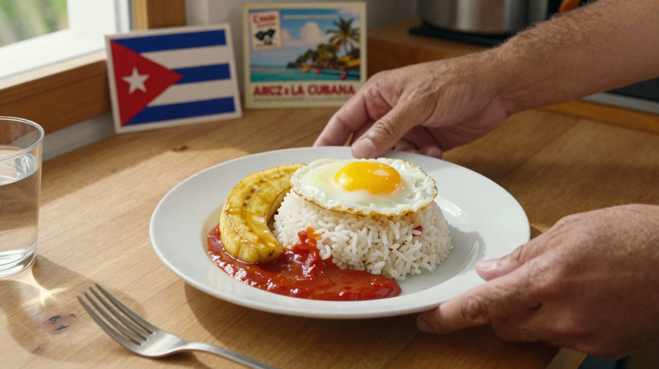 Cuban dish of white rice topped with a fried egg, fried plantain, and tomato sauce on a white plate.