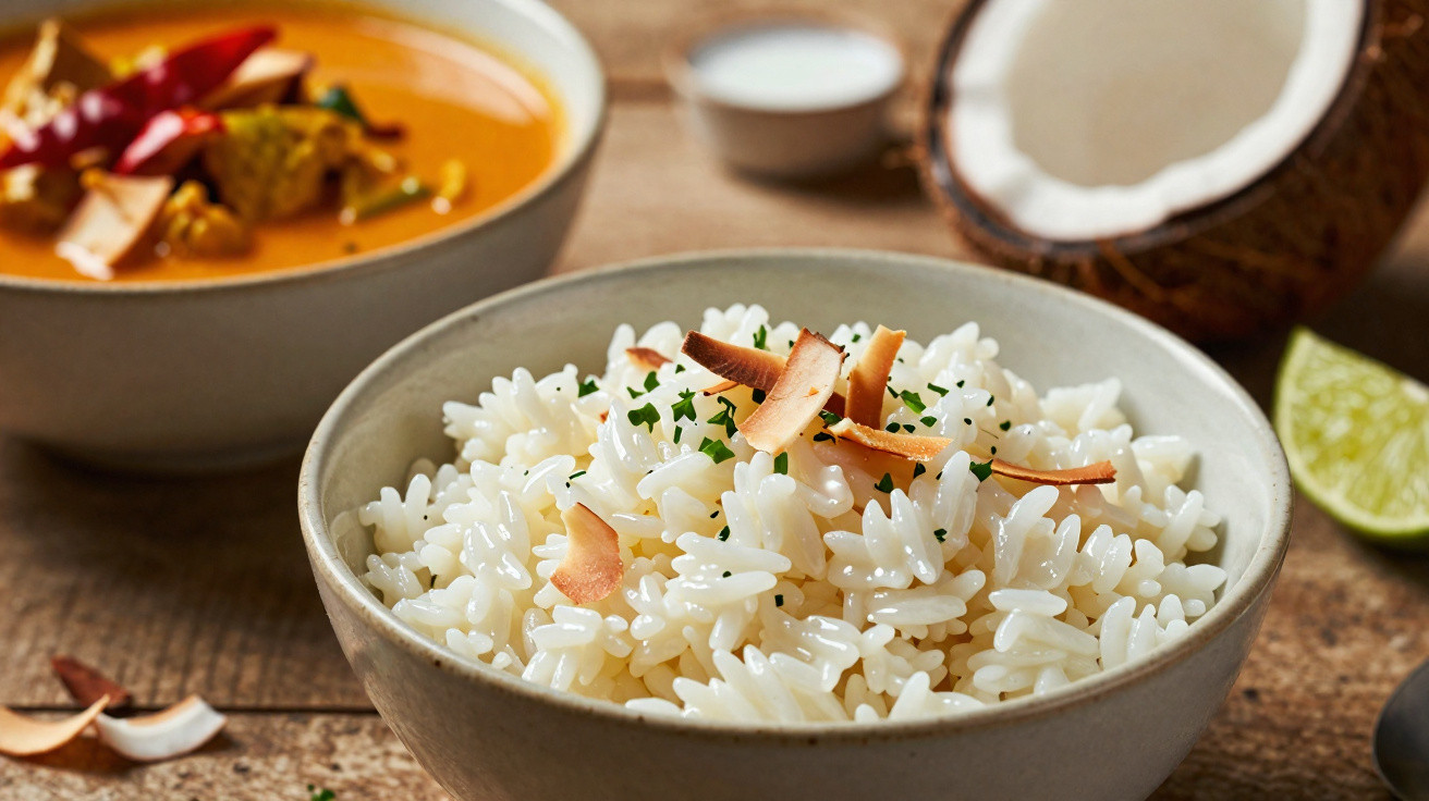 Bowl of steamed white rice garnished with toasted coconut flakes and herbs, with curry and lime in the background.