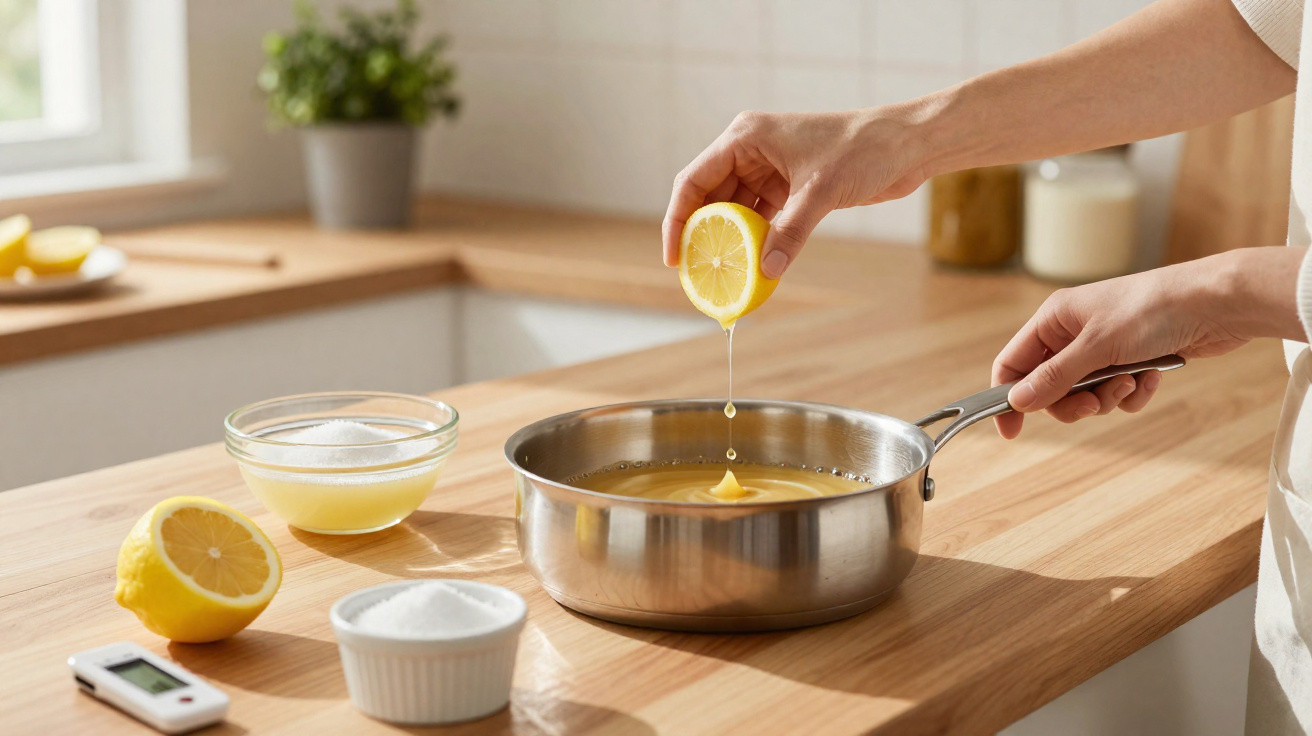 Hands squeezing lemon juice into a saucepan on a wooden kitchen countertop with bowls of sugar nearby.